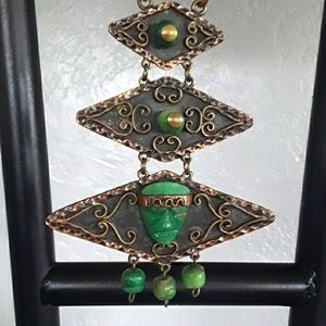 Vintage handmade Mexican brass copper and jade necklace